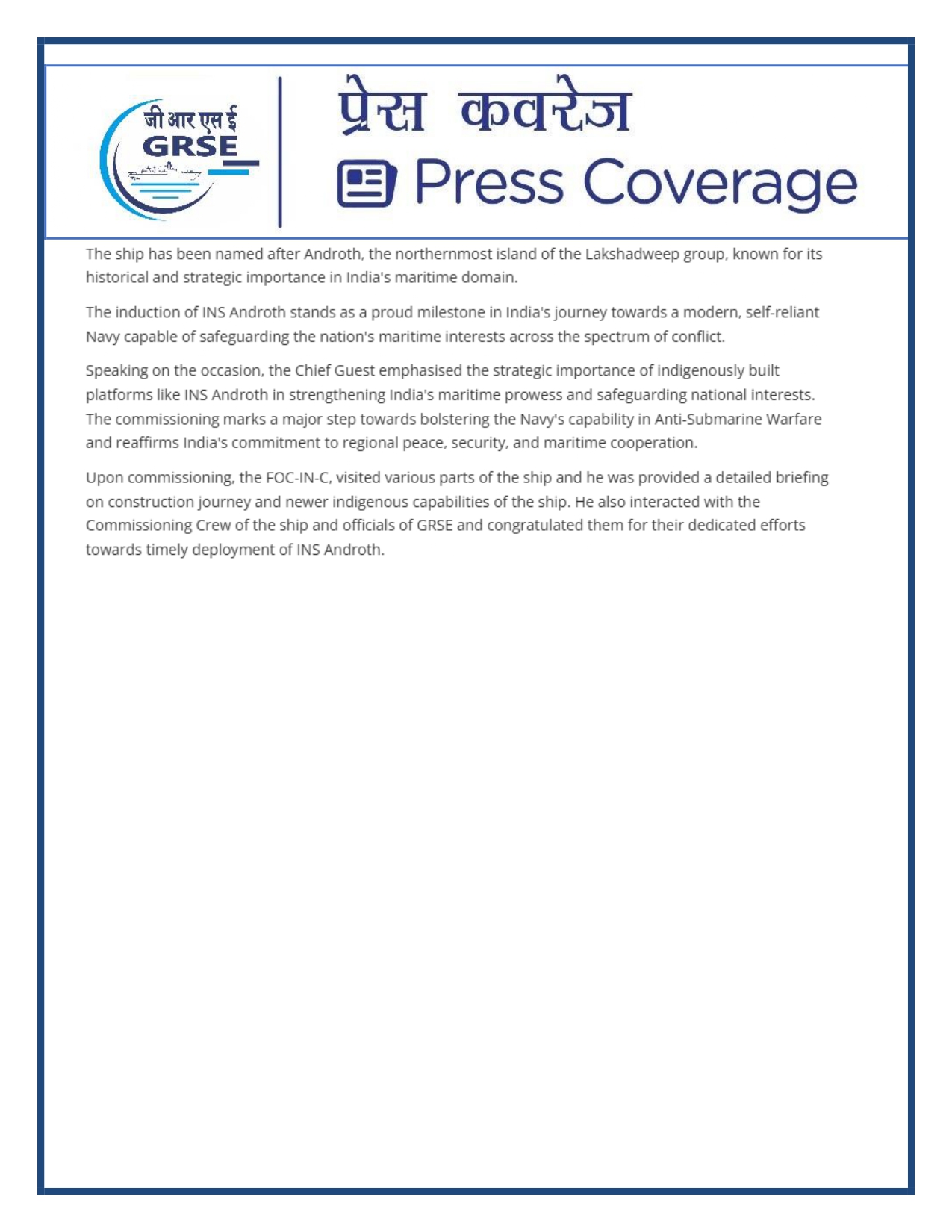 Press Coverage : 07 Oct 25:Proud Moment For GRSE As Second ASW SWC INS Androth Gets Commissioned Into Navy  